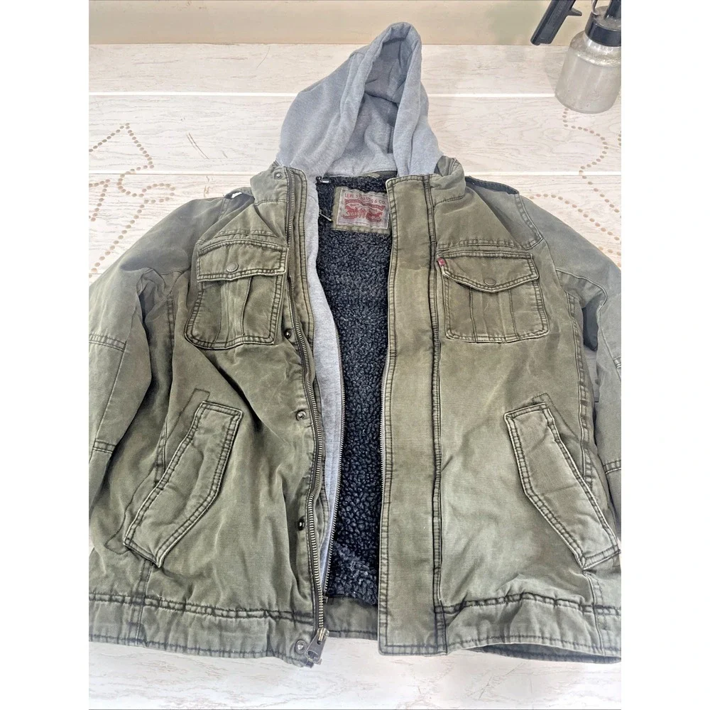 Levis Sherpa Lined Hooded Utility Jacket Mens S Olive Military Field Coat